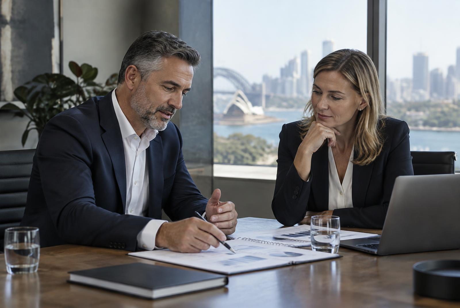 Two senior executives reviewing a business plan in Sydney